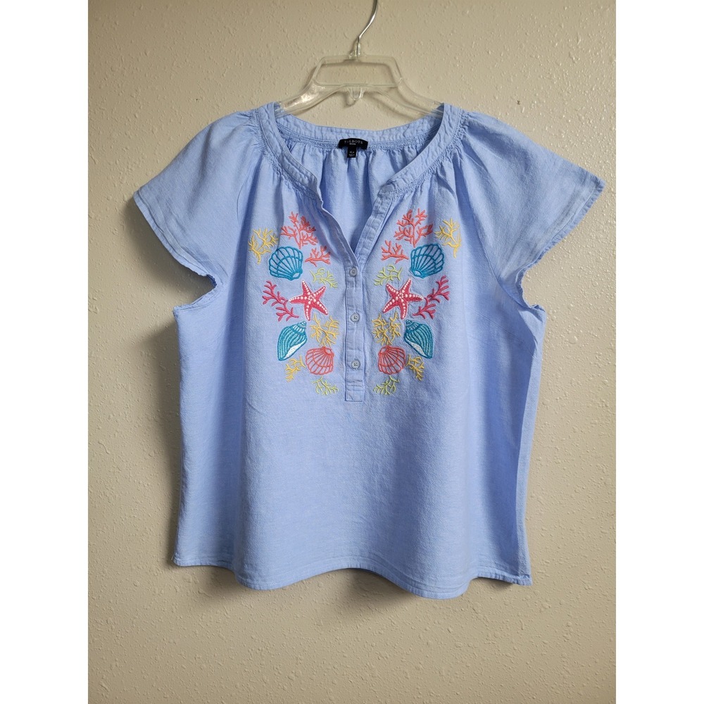 Talbots Petite XL Blue Cotton Linen Embroidered Shell Starfish Coastal Blouse